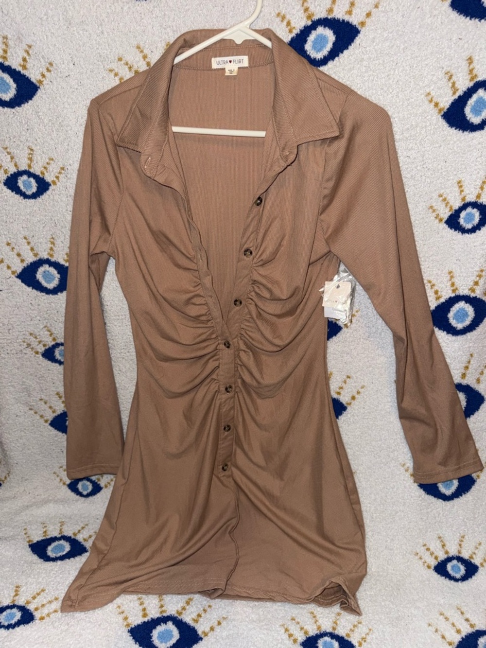 Ultra Flirt Women's Ruched Button-Front Long Sleeve Top in Brown-Tan